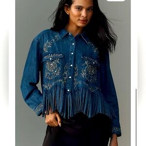 NWT Pilcro Denim Silver embellished Collar Button Down fringe bottom Shirt XXS
